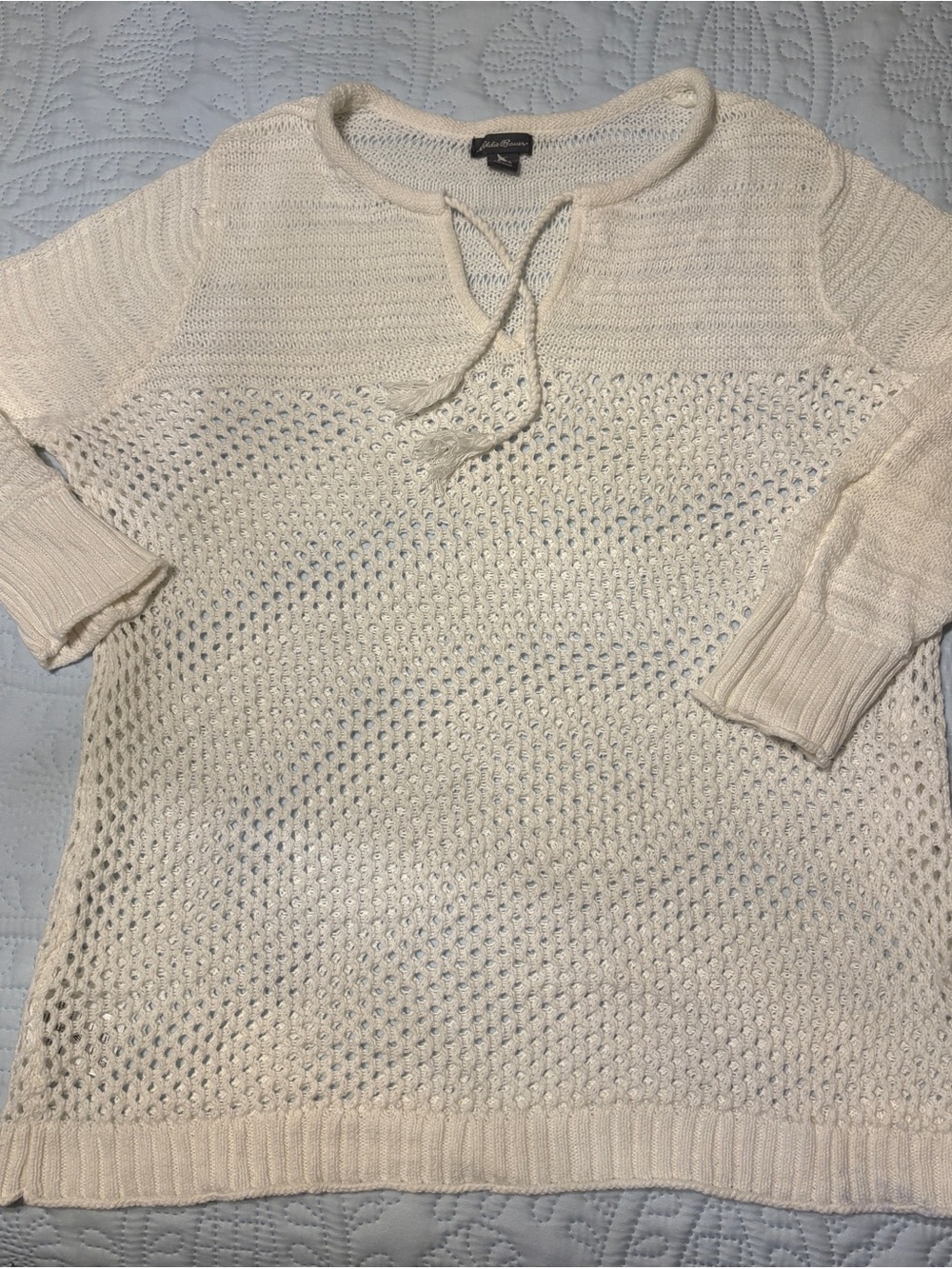 Eddie Bauer Off White Open-Weave Lace-Up Scoop Neck Sweater